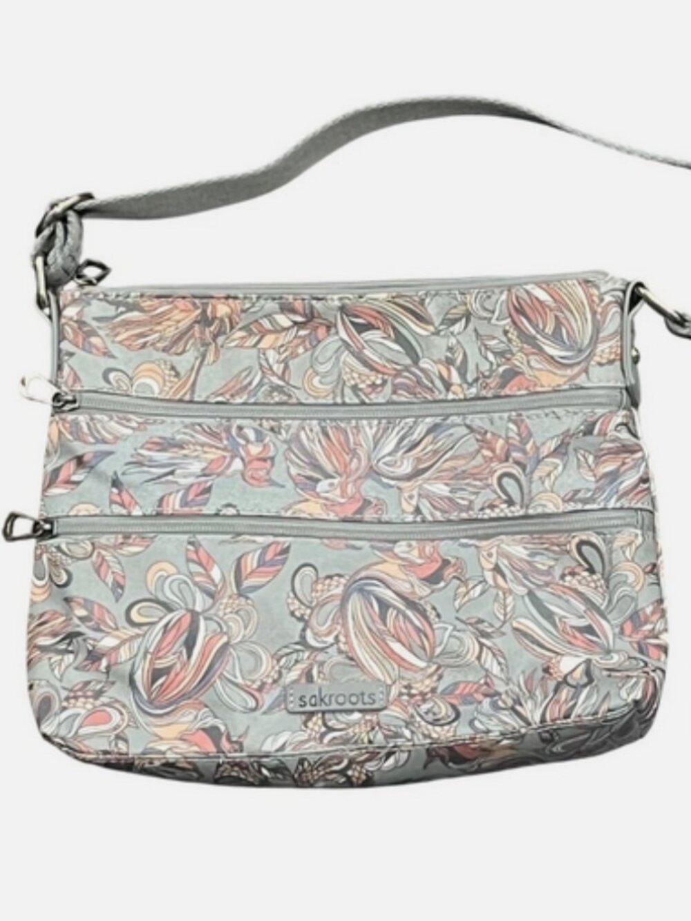 Sakroots Artist Circle Grey Treehouse Bird Coated Cotton Canvas Crossbody Bag